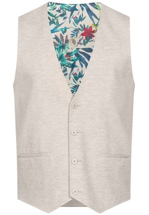 Lys grå vest med V-halsdesign, med blomstermønstret innerfor, fem knapper og to frontlommer.