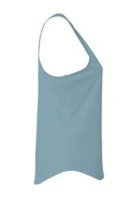 Top sin mangas de color azul claro, fabricado en un tejido liso y elástico. Presenta un escote amplio y un ajuste holgado con dobladillo curvado.