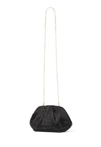Borsa nera con texture, caratterizzata da un design arricciato, dotata di una tracolla in catena dorata e una superficie impreziosita da piccole forme tonde.