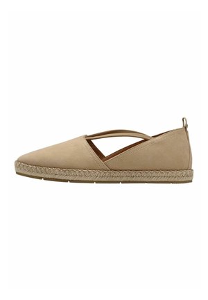 Beige Espadrille-Schuh mit flacher Sohle und gewebtem Jute-Rand. Verfügbar mit einem Kreuzriemen-Design und einer glatten, samtartigen Textur.