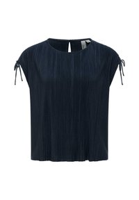 Marineblauwe, geplooide blouse met korte mouwen, ronde halslijn en kleine sleutelgatknopsluiting aan de achterkant, zijdetails met strik op de mouwen.