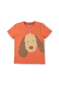 Orange cotton t-shirt featuring a large graphic of a dog’s face with curly brown fur and a light-colored snout, short sleeves.