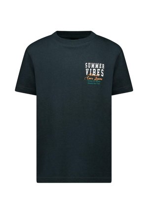 Zwart katoenen T-shirt met korte mouwen, met de tekst "SUMMER VIBES" en designdetails in wit en turquoise aan de voorkant.