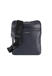 Borsa a tracolla in pelle testurizzata blu navy con chiusura a zip, tracolla nera regolabile e tasca frontale con dettagli del logo argentato.