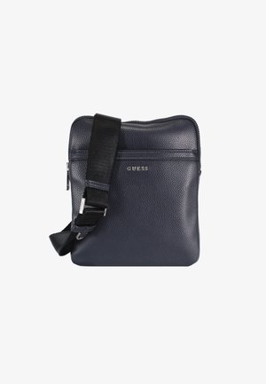 Borsa a tracolla in pelle testurizzata blu navy con chiusura a zip, tracolla nera regolabile e tasca frontale con dettagli del logo argentato.