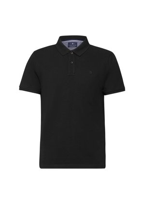 Zwarte polo gemaakt van katoen met een klassieke kraag, knoopsluiting met twee knopen en een klein logo op de borst. Korte mouwen, gladde textuur.
