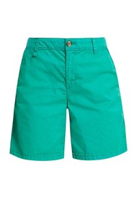 Pantalones cortos turquesa de tejido ligero, con cierre de botón, frente plano, dos bolsillos laterales y corte recto.