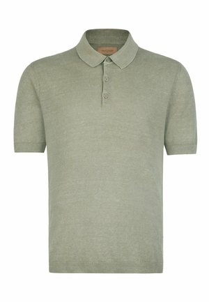 Hellgrünes kurzärmeliges Strick-Poloshirt mit drei Knöpfen, einem weichen, umgelegten Kragen, gerippten Bündchen und Saum.