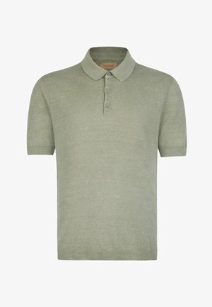 Hellgrünes kurzärmeliges Strick-Poloshirt mit drei Knöpfen, einem weichen, umgelegten Kragen, gerippten Bündchen und Saum.