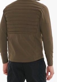 Man wearing a brown quilted jacket with long sleeves and black pants, shown from the back against a white background.