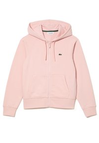 Rosa zip-up huvtröja med dragsko i huvan, framfickor och en liten grön logotyp på vänster bröst. Tillverkad av mjukt och bekvämt tyg.