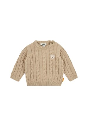 Beiger, kabelgestrickter Babypullover mit langen Ärmeln, rundem Ausschnitt, Knopf an der Schulter und kleinem Teddybär-Aufnäher auf der Brust.