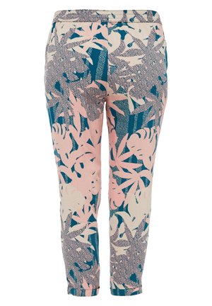 Rosa, blaue und cremefarbene, tropisch bedruckte, schmal zulaufende Hosen mit elastischem Bund und gekrempelten Knöcheln.