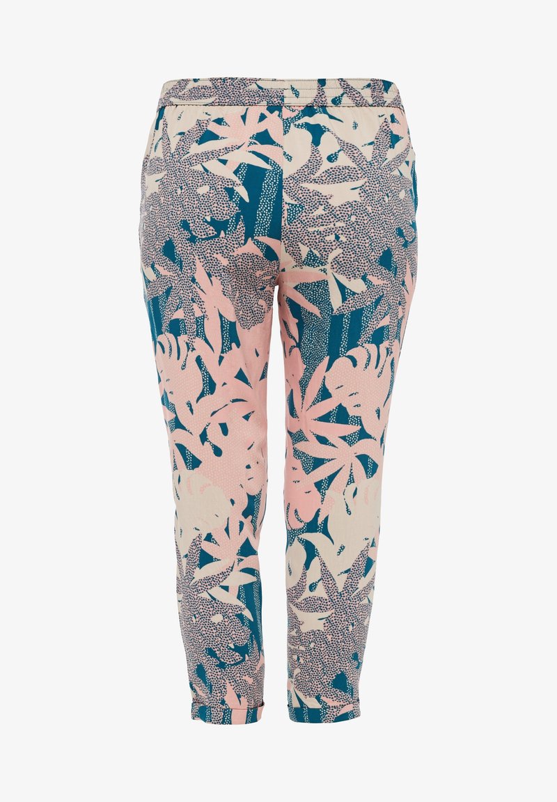 Pantalon tapered imprimé tropical rose, bleu et crème avec taille élastique et chevles retroussées.