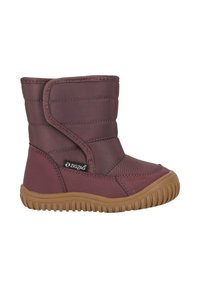 Bottes pour enfants bordeaux en tissu matelassé, semelle plate et bande Velcro sur le côté. Bout renforcé et semelle extérieure en caoutchouc texturé pour une meilleure adhérence.