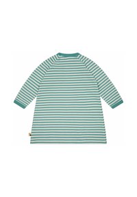 Langärmliges Kleid in hellblau mit marineblauen und weißen horizontalen Streifen. Weicher Baumwollstoff mit geripptem Ausschnitt und Knopfverschluss hinten.