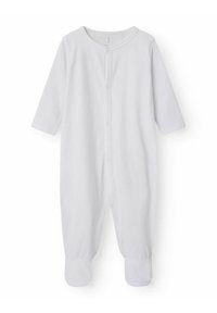 Vit babydräkt gjord av mjukt tyg, med långa ärmar, rund halsringning och tryckknappar fram för enkel påklädning.