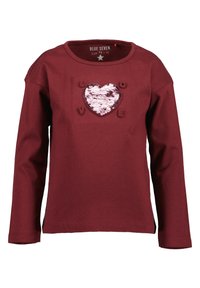 Bordová dlouhá tričko s kulatým výstřihem, s růžovým flitrovým srdcem a slovem "LOVE" z texturované látky.