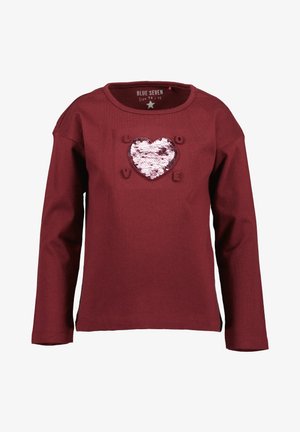 Bordová dlouhá tričko s kulatým výstřihem, s růžovým flitrovým srdcem a slovem "LOVE" z texturované látky.