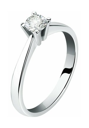 Solitaire ring in polished silver with a round, prong-set diamond. The band is slender with a smooth, shiny finish and tapered design.