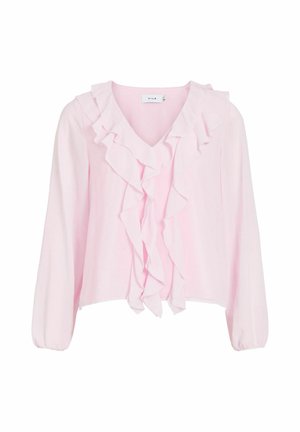 Rosa bluse med lange ærmer og en dyb V-udskæring, prydet med lagdelte volanger nedad foran. Fremstillet af glat materiale med et cropped design.