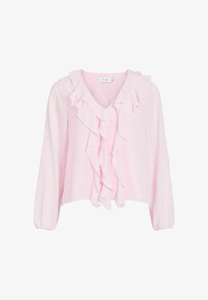 Rosa bluse med lange ærmer og en dyb V-udskæring, prydet med lagdelte volanger nedad foran. Fremstillet af glat materiale med et cropped design.