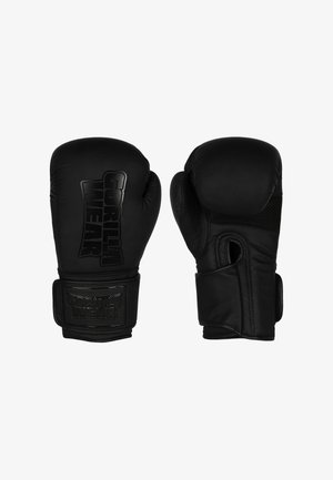 Paar schwarze Gorilla Wear Boxhandschuhe, einer zeigt die Vorderseite mit Logo, der andere die Handflächenseite mit Lüftungsnetz.