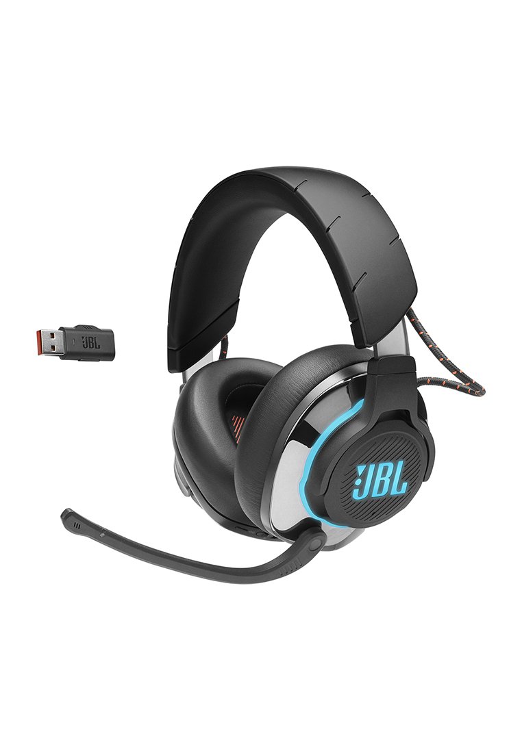 Cuffie da gaming JBL wireless con padiglioni imbottiti, archetto regolabile, microfono integrato e adattatore wireless USB.