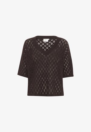 Dark brown knitted top with a V-neck and short sleeves, featuring a lace pattern and open weave texture. No visible hardware.
