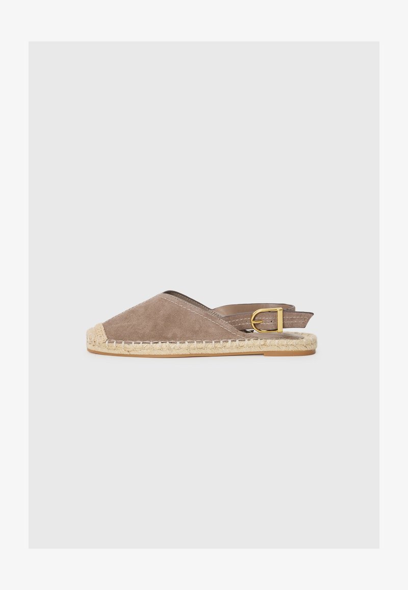 Suede slingback sandal in taupe, featuring a pointed toe, braided jute detailing, and a gold-tone buckle accent on the strap.