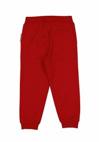 Røde bomulds sweatpants med elastisk linning og ribstrikkede manchetter, med en glat tekstur og et lille mærke med brandnavn på siden.