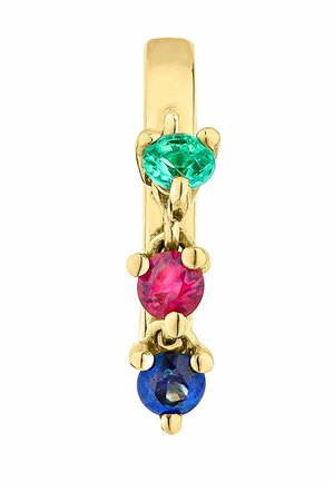 Los pendientes en tono dorado presentan tres piedras ovaladas: verde en la parte superior, rosa en el medio y azul en la parte inferior, cada una sostenida por engastes de garras.