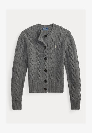 Cardigan gris en maille torsadée avec boutons, manches longues et petit logo cheval blanc brodé sur la poitrine.