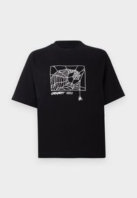 Black T-shirt made of cotton with short sleeves. Features a white spider web graphic and logo on the front. Simple rounded neckline.