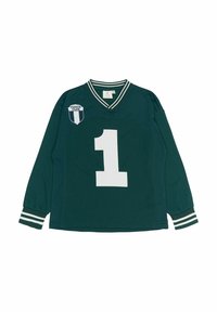 Tricou verde cu mânecă lungă, cu numărul alb "1" în față, guler ribbed în dungi și un patch "Couch Club" pe pieptul stâng.