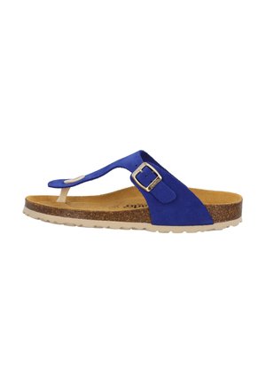 Blue suede thong sandal with a buckle accent. Cork footbed and textured rubber outsole. Designed for comfort and casual wear.