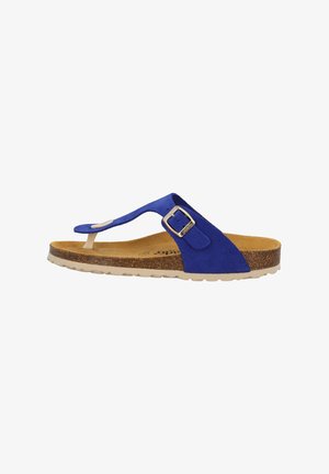 Sandalia de pala de ante azul con un acento de hebilla. Plantilla de corcho y suela de goma texturizada. Diseñada para la comodidad y el uso casual.