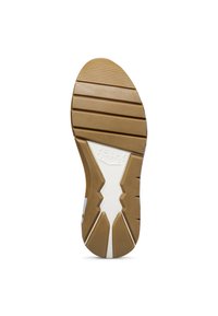 Suola della scarpa in gomma marrone con accenti bianchi. Presenta scanalature orizzontali e verticali per una migliore aderenza, con un design geometrico distintivo.