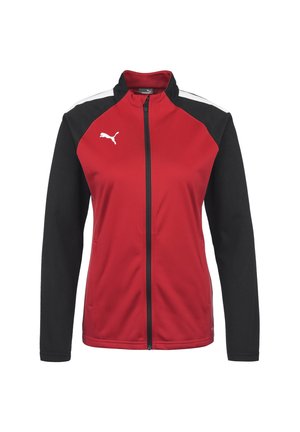 Rode en zwarte zip-up jack met een hoge kraag, lange mouwen en witte accentstrepen. Gemaakt van soepel, flexibel materiaal met een logo.