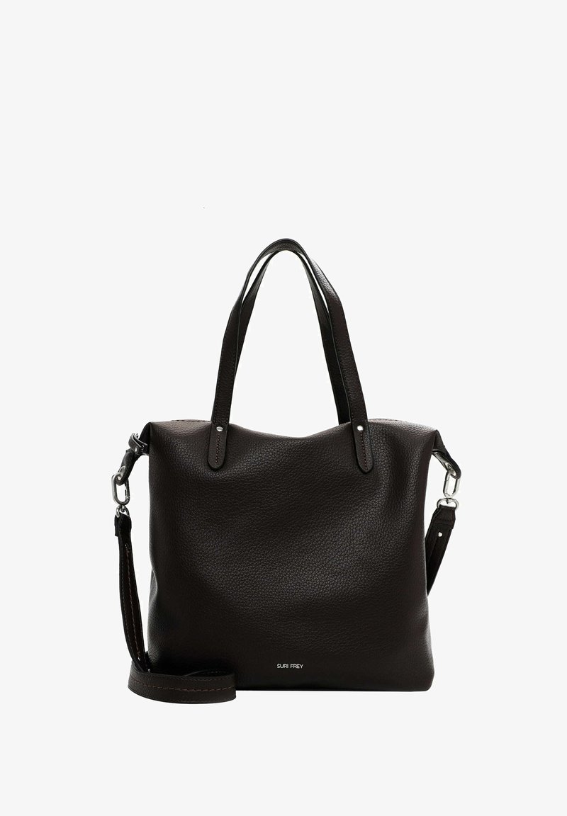 Braune, genarbte Lederhandtasche mit doppelten oberen Griffen und einem abnehmbaren Schultergurt. Mit silberner Hardware und gesteppten Akzenten.