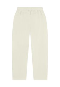 Ljusgrå, smal tapered byxor med elastisk midja, slät textur, sidofickor och inga synliga mönster eller utsmyckningar.