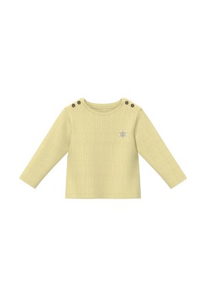 Lichtgeel geribd babyshirt met lange mouwen, ronde hals, vier knopen op de schouder en een kleine zonafbeelding op de borst.