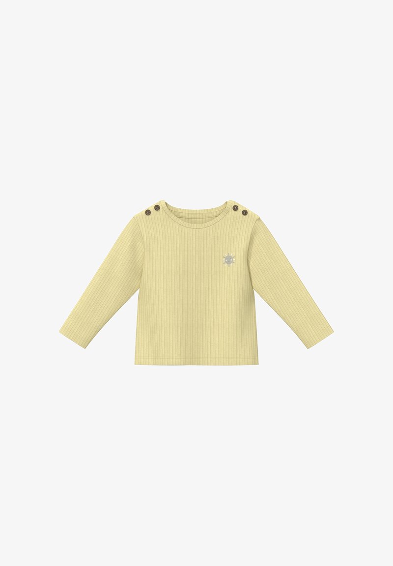 Langärmliges, hellgelbes, geripptes Babyshirt mit rundem Ausschnitt, vier Schulterknöpfen und kleinem Sonnenmotiv auf der Brust.