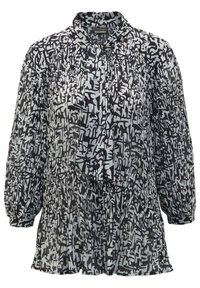 Zwart-witte bedrukte blouse met een geplooid oppervlak, voorzien van lange mouwen, een manda collar en een vloeiende silhouet.