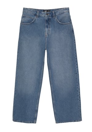 Light blue denim jeans in a wide-leg cut, featuring a button closure, two front pockets, and a slightly faded texture.