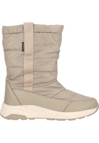 Waterdichte beige winterlaars met een gequilt bovendeel, elastische banddetails en een dikke rubberen zool voor grip en ondersteuning.