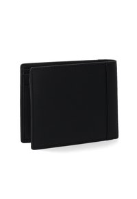 Černá kožená peněženka s elegantním designem, obdélníkovým tvarem, hladkým povrchem a několika sloty na karty. Minimalistický styl bez viditelného kovového držení.