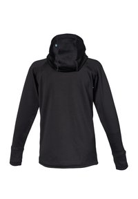 Sort hættetrøje med en pullover-design, der har en rummelig hætte og lange ærmer. Glat tekstur med minimale sydetaljer.
