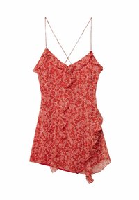 Abito floreale rosso con spalline sottili, bordi arricciati, vestibilità ampia e orlo asimmetrico. Realizzato in tessuto leggero e semi-trasparente.