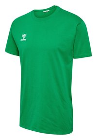 Grønne bomulds T-shirt med rund hals, korte ærmer og et hvidt logo på venstre bryst. Glat tekstur, standard pasform.